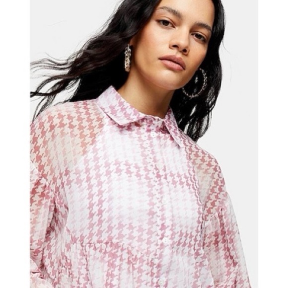 Topshop Pink Check Tiered Long Sleeve Asymmetrical Blouse Button Down Shirt - Picture 2 of 12
